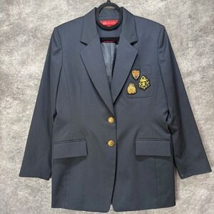 Anne Klein Navy Blazer Jacket Womens 10P Crest Patches Gold Buttons Academia Y2K